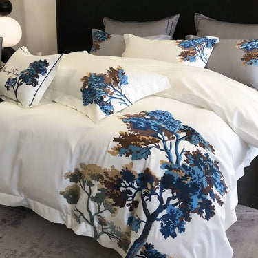 White Luxury Art Printed Embroidered Egyptian Cotton 1000TC Bedding Set